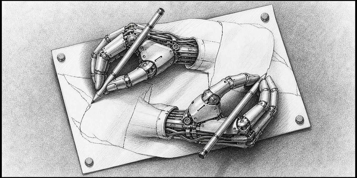 A human engineer reviews an AI agent feedback loop across benchmark dashboards and terminal logs